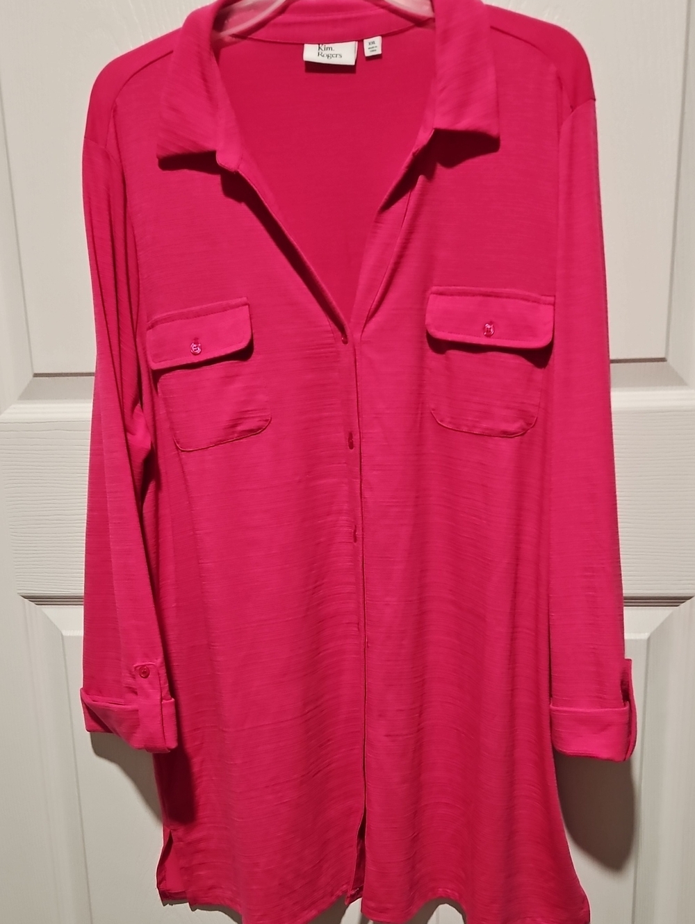 Kim Rogers Womens Hot Pink Button-Front Long Sleeve Shirt